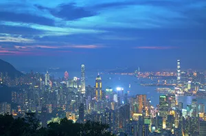 Traditionally Chinese Prints: View of Hong Kong from Jardines Lookout at sunset, Hong Kong, China, Asia