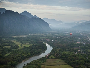 Hot Air Balloon Prints: View from hot air balloon ride, Vang Vieng, Laos, Indochina, Southeast Asia, Asia