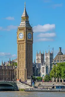 Westminster Prints: View of Houses of Parliament and Westminster Bridge from Queens Walk in summer in Westminster