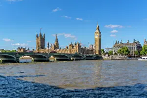 Time Prints: View of Houses of Parliament and Westminster Bridge from The Queens Walk during summer in Westminster London England