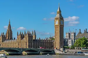 Westminster Prints: View of Houses of Parliament and Westminster Bridge from Queens Walk in summer in Westminster London England