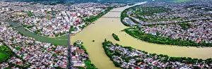 Vietnamese Prints: View of Hue city and Perfume River with urban landscape in Central Vietnam during daylight