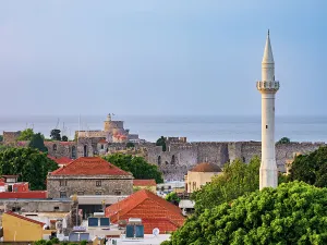 Rhodes Prints: View over Ibrahim Pasha Mosque Minaret and Medieval Old Town towards Saint Nicholas Fortress