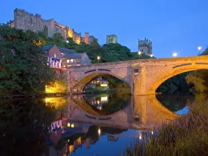 Illumination Prints: View to the illuminated castle and cathedral across the River Wear below Framwellgate Bridge