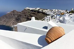 Imerovigli Prints: View towards Imerovigli and Oia from Firostefani showing villages clinging to cliffs
