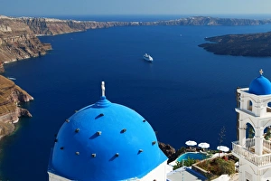 Aegean Prints: View from Imerovigli overlooking ocean, Santorini, Cyclades, Greek Islands, Greece, Europe