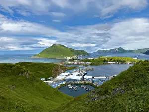Dutch Prints: View of the inner harbor from Bunker Hill overlooking Dutch Harbor and surrounding mountains in Unalaska