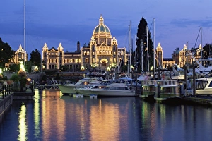 View across the Inner Harbour to the Parliament Buildings, at night, Victoria