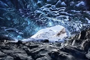 Lagoon Gallery: View from inside ice cave under the Vatnajokull Glacier towards snow covered mountains