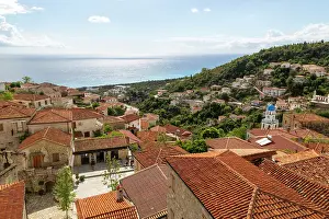 Authentic Prints: View to Ionian Sea over houses and rooftops with Greek Orthodox Church of Saint Spyridon