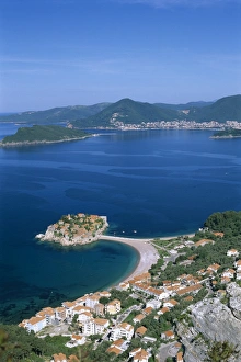 View over the Island and bay, Sveti Stefan, The Budva Riviera, Montenegro, Europe