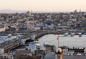 Riverboat Prints: View over Istanbul skyline from The Galata Tower at sunset, Beyoglu, Istanbul, Turkey