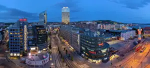 Environmental Design Prints: View of Jernbanetorget and city skyline from elevated position at dusk