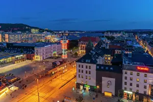 Public Space Prints: View of Jernbanetorget and city skyline from elevated position at dusk