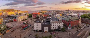 Outdoor Spaces Prints: View of Jernbanetorget and city skyline from elevated position at sunset