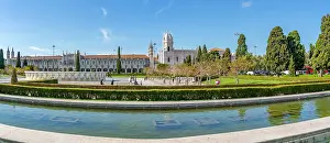 Fountains Prints: View of Jerónimos Monastery (Monastery of the Hieronymites) from Empire Square Garden on a sunny day