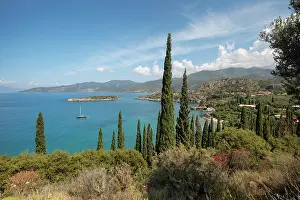 Sailboat Prints: View of Kalamitsi beach and coastline with cypress trees