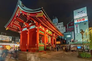 Pedestrians Prints: View of Kaminarimon Gate, entrance to Senso-ji Temple at night
