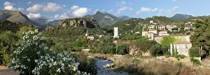 Peloponnese Prints: View of Kardamyli old town with Mourtzinos Tower and mountains