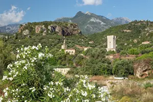 Peloponnese Prints: View of Kardamyli old town with Mourtzinos Tower and mountains