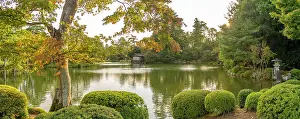 Reflective Prints: View of Kasumiga-ike Pond and Kotoji Toro (Stone Lantern) in Kenrokumachi Japanese Garden