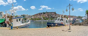 Waterfront Dining Prints: View of Kavala Fortress and boats in the port