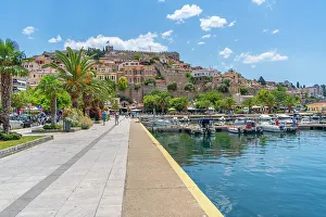 Waterfront Dining Prints: View of Kavala Fortress and boats in the port