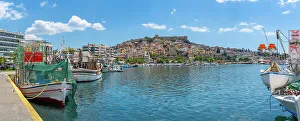 Thrace Prints: View of Kavala Fortress and boats in the port