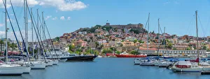Ancient Ruins Prints: View of Kavala Fortress and boats in the port