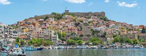 Day Trip Prints: View of Kavala Fortress and boats in the port