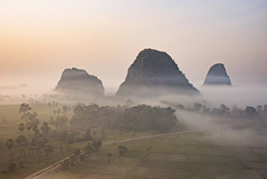 Hpa An Prints: View from Kaw Gon Pagoda at dawn, Hpa-an, Kayin State, Myanmar (Burma), Asia