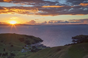 Waikato Prints: View of Kirita Bay and Firth of Thames at sunset
