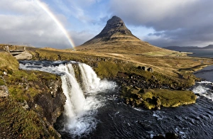 Snaefellsnes Peninsula Gallery: View of Kirkjufell (Church Mountain), mountain stream and rainbow, Grundafjordur