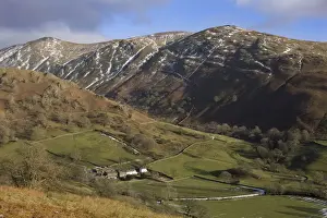 Farm House Prints: View from Kirkstone Pass showing traditional whitewashed stone farmhouse dwarfed by nearby fells