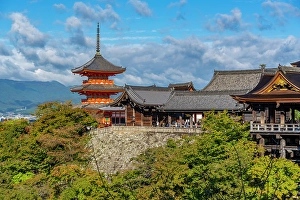 View of Kiyomizu-dera Temple, UNESCO, with city in background, Kiyomizu, Higashiyama Ward, Kyoto, Honshu, Japan