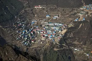 A view from Kongde looking down on Namche, the biggest village in Khumbu, the Everest region