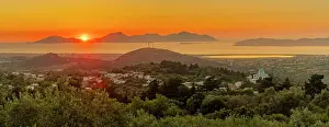 View of Kos Island and Greek Orthodox church from Zia Sunset View at sunset, Zia Village, Kos Town, Kos, Dodecanese, Greek Islands, Greece, Europe