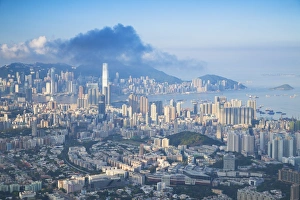 Urban Sprawl Prints: View of Kowloon and Hong Kong Island at dawn, Hong Kong, China, Asia