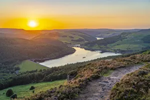 View of Ladybower Reservoir from Bamford Edge at sunset, Bamford