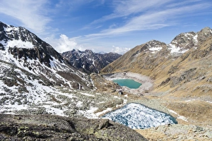 View of Lago Rotondo during thaw and Lake Baitone, Val Malga, Adamello Regional Park