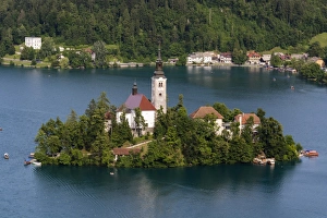 Bled Island Prints: A view from above of Lake Bled and the Assumption of Mary Pilgrimage Church, Slovenia