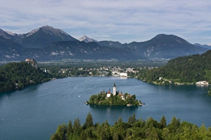 A view from above of Lake Bled and the Assumption of Mary Pilgrimage Church, Bled