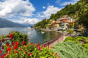 Lake Como Prints: View of Lake Como and village of Vezio, Province of Como, Lake Como, Lombardy, Italy