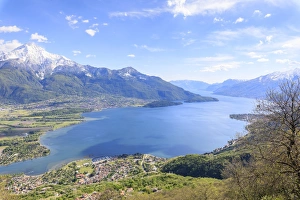 Lake Como Prints: View over Lake Como and villages framed by snowy peaks, Montemezzo, Alpe Zocca, Lombardy