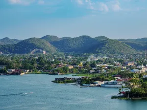 Settlement Prints: View of lake peten itza and san benito from mirador rey canek in guatemala