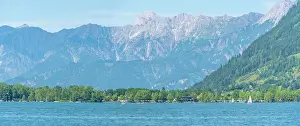 Enjoyment Prints: View of Lake Zell from Zell am See and mountainous backdrop on a sunny day