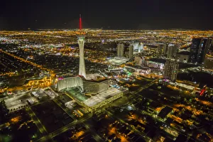 Aerial view over lights of the city at night, Las Vegas, Nevada, United States of America