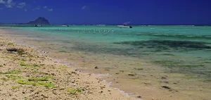 Enjoyment Prints: View of Le Morne from Flic en Flac beach with clear water and boats in the distance in Mauritius