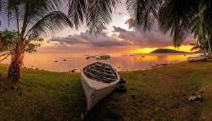 Nautical Vessels Prints: View of Le Morne through palm trees at Le Morne Brabant at sunset