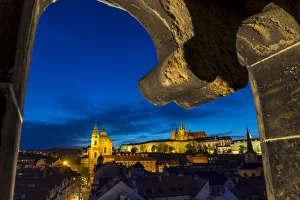 Background Focus Prints: View from the Lesser Town Bridge Tower to Prague Castle and St. Nicholas Church at dusk